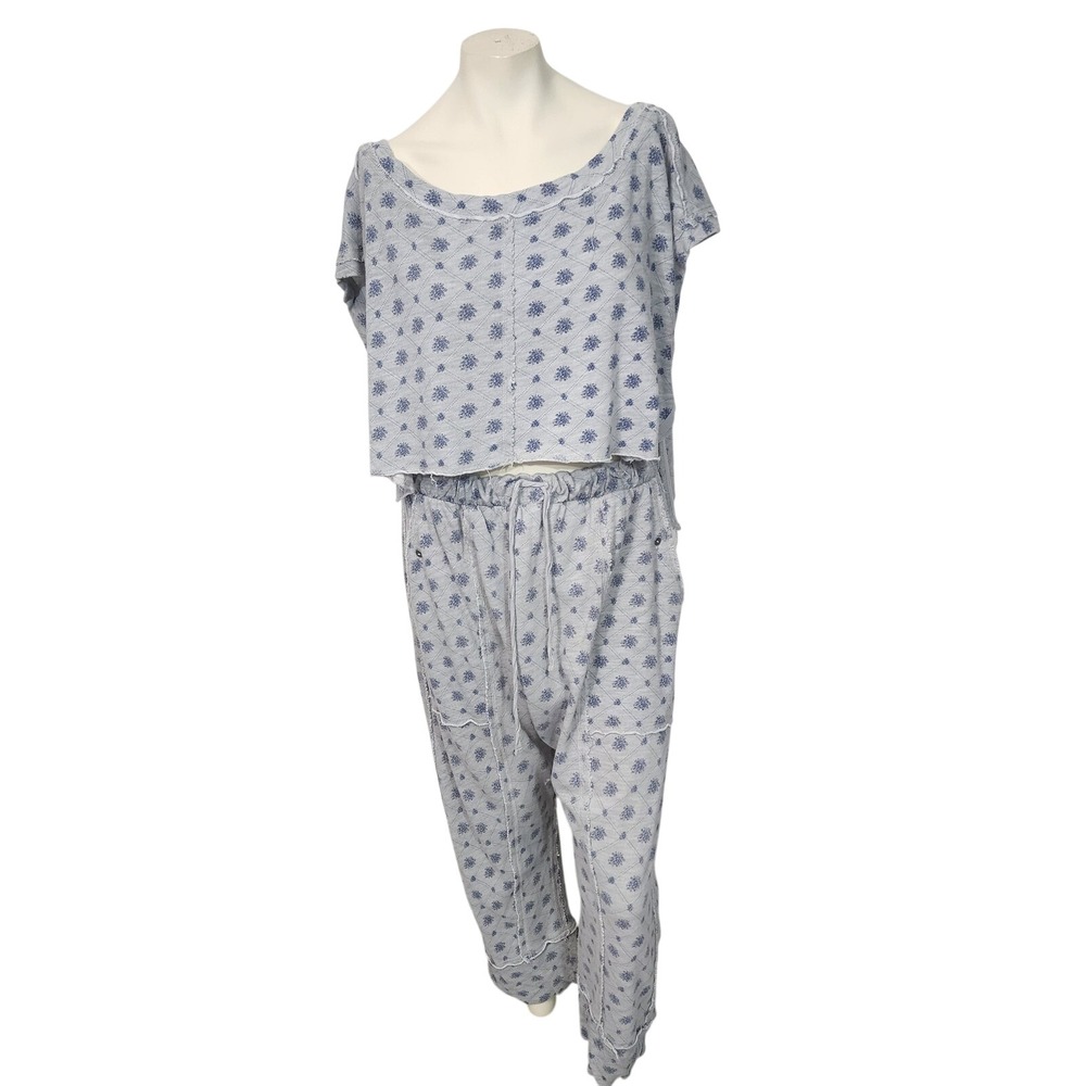 Free People Organic Cotton Lounge Set Blue Floral Large Boho stretch waist comfy - Picture 2 of 14